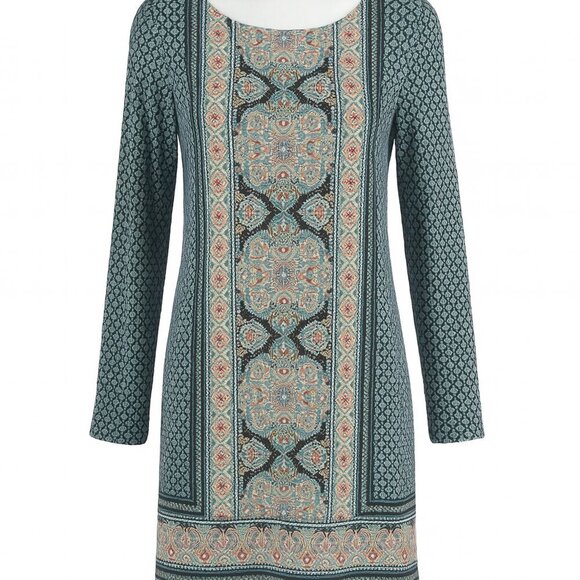 J. Jill Tops - J.Jill Mixed-Print Medallion Knit Tunic/Dress Blue Boho Sz M